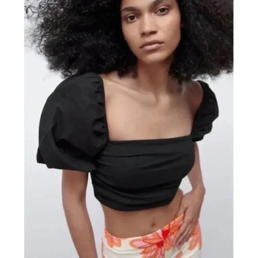 Zara Puff Sleeve Ribbed Crop Top Size M Black NEW
